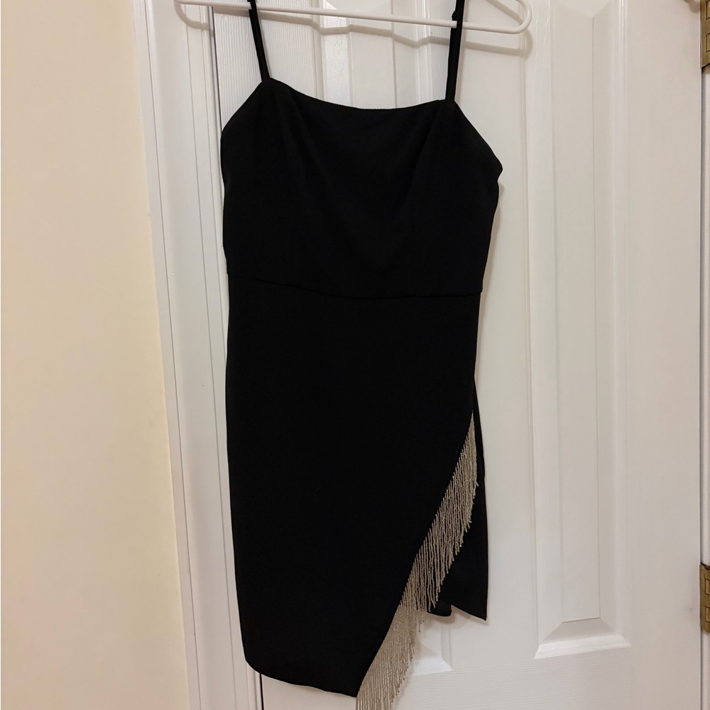 Chic Asymmetrical Black Dress with Fringe
